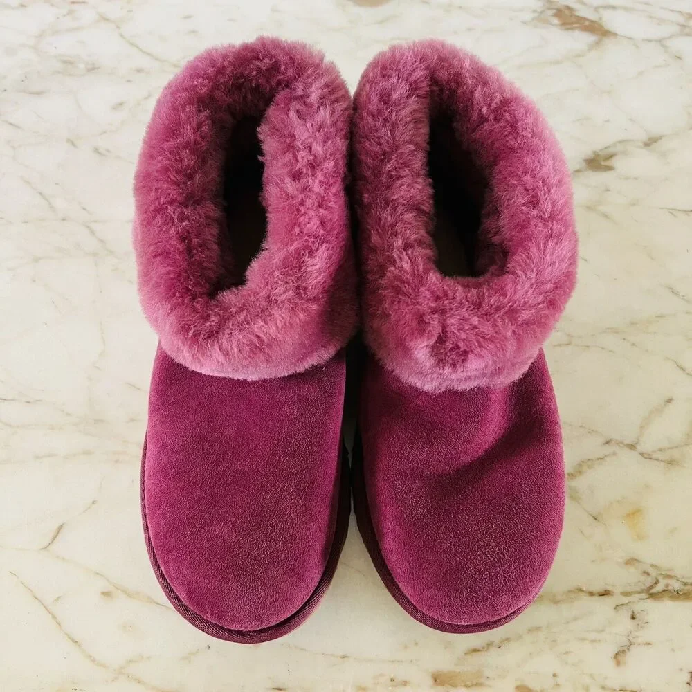 UGG AUSTRALIA Bougainvillea Suede Classic Mini Fluff Shearling Boots - US 7